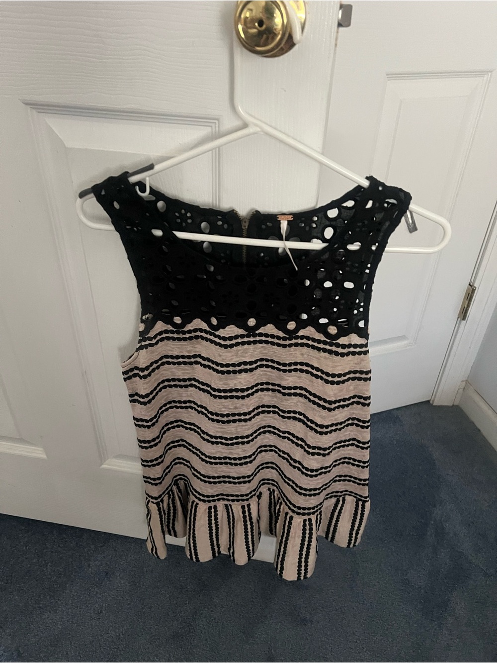 Free People Black Lace Yoke Cream Striped Peplum Tank